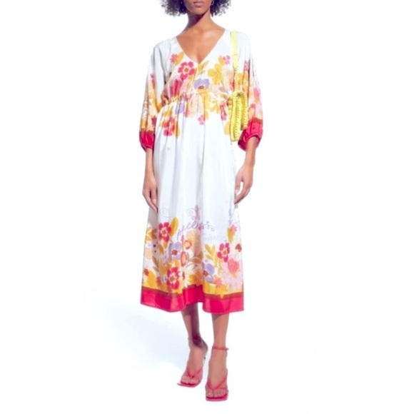 JOHNNY WAS Dresses & Skirts - NWT Johnny Was Loreli Floral 100% Silk White Pink Embroidered Midi Dress Small